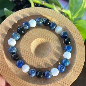 ✨ Handmade Lapis Lazuli + Moonstone + Black Obsidian Beaded Bracelet